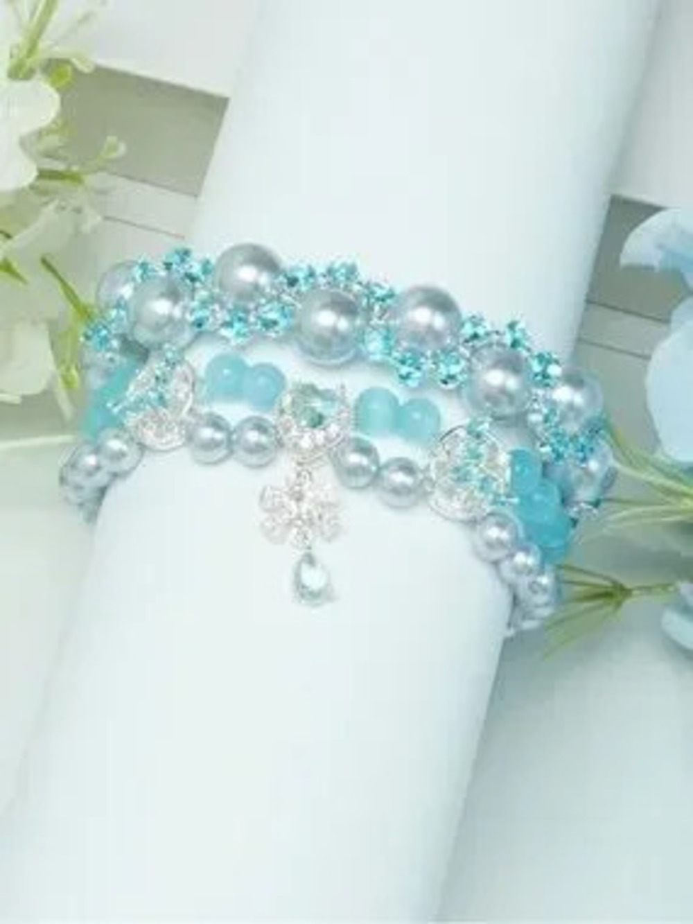 Anthropologie Aqua and Silver Multi-Strand Crystal Bracelet Stack